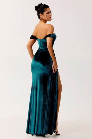 Robe de demoiselle d’honneur en velours vert paon à épaule dénudée avec ceinture